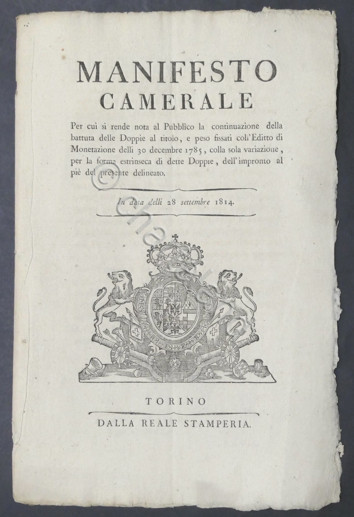 Regno di Sardegna - Manifesto Camerale Regia Zecca - Monetazione …