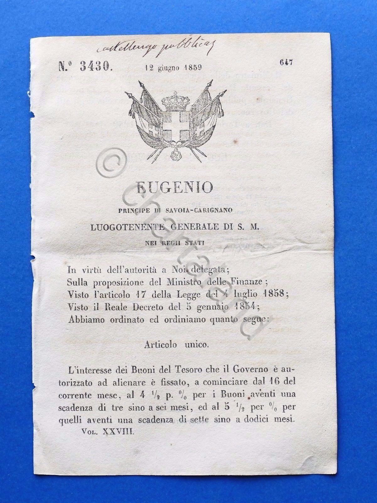Regno di Sardegna - Regio Decreto Interesse Buoni del Tesoro …