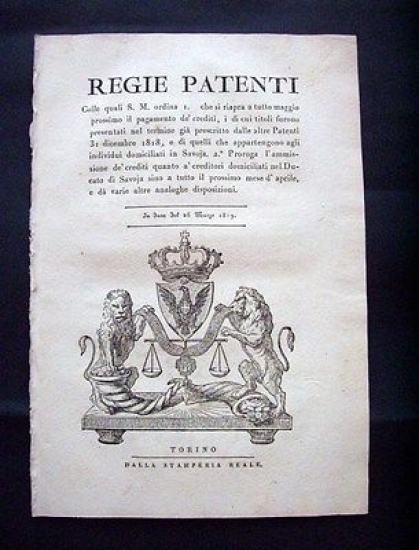 Regno di Sardegna Decreto * Regie Patenti Pagamenti crediti Savoia …