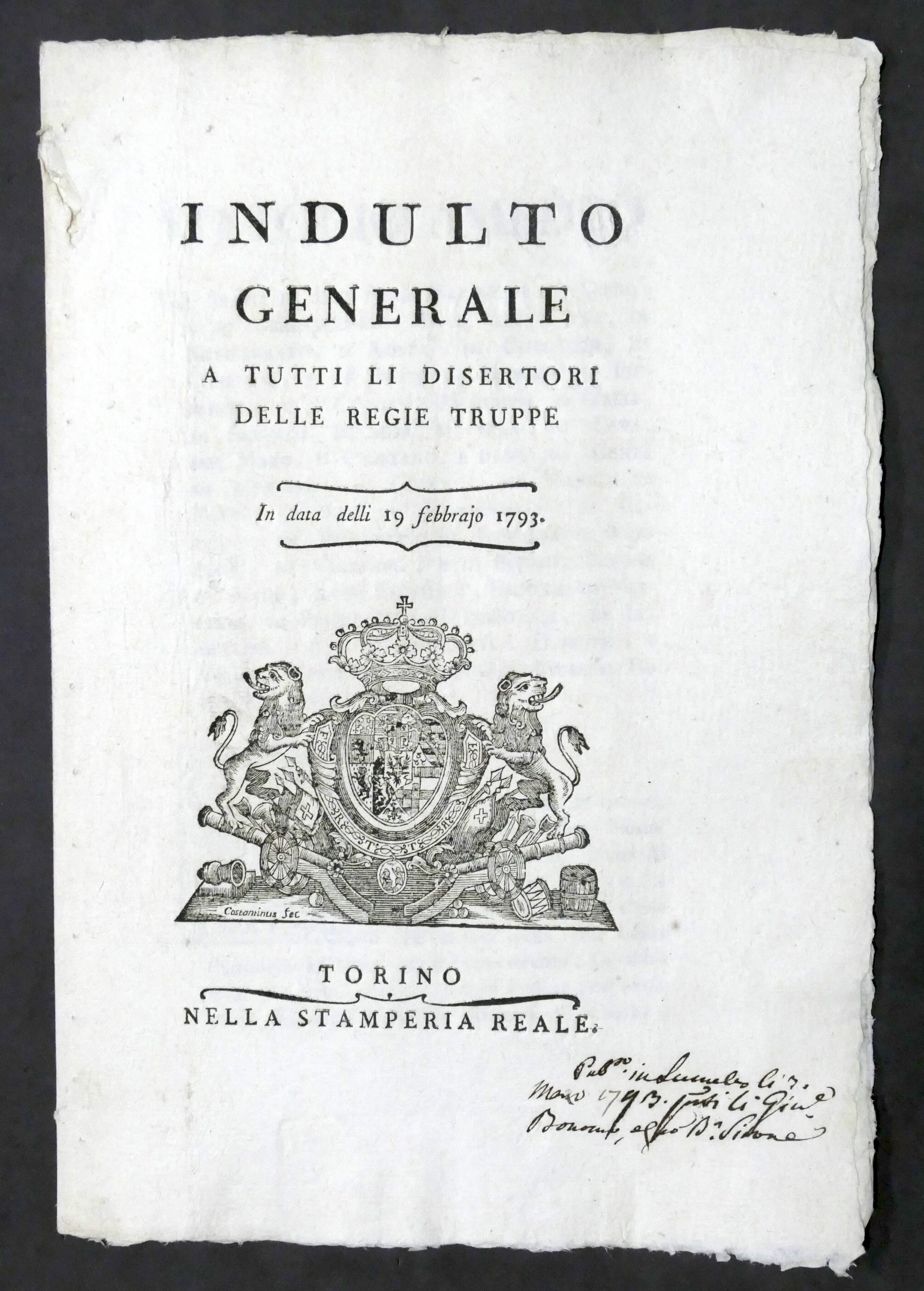 Regno di Sardegna Indulto generale a tutti i disertori delle …