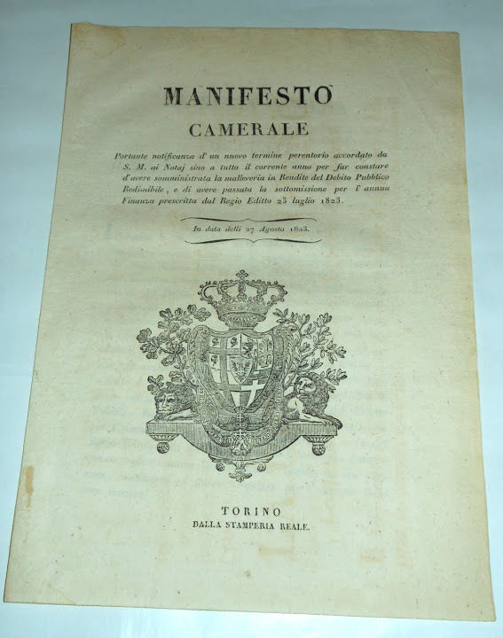 Regno di Sardegna Manifesto Camerale Rendite Debito Pubblico Redimibile 1823