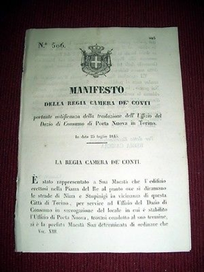 Regno di Sardegna Manifesto n. 506 Dazio di Consumo Porta …