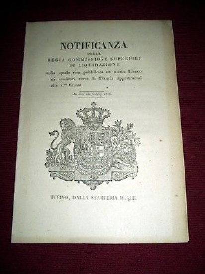 Regno di Sardegna Notificanza Elenco Creditori Liquidazione I^ Classe 1826