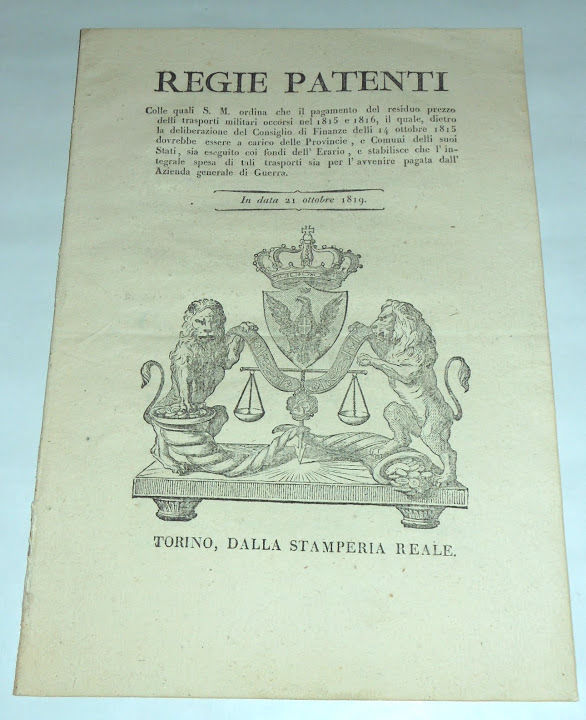 Regno di Sardegna Regie Patenti Pagamento Trasporti Militari Torino 1819