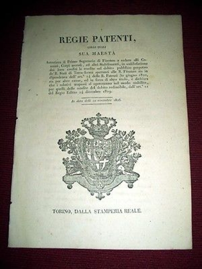 Regno di Sardegna Regie Patenti Stabilimenti e Corpi morali per …
