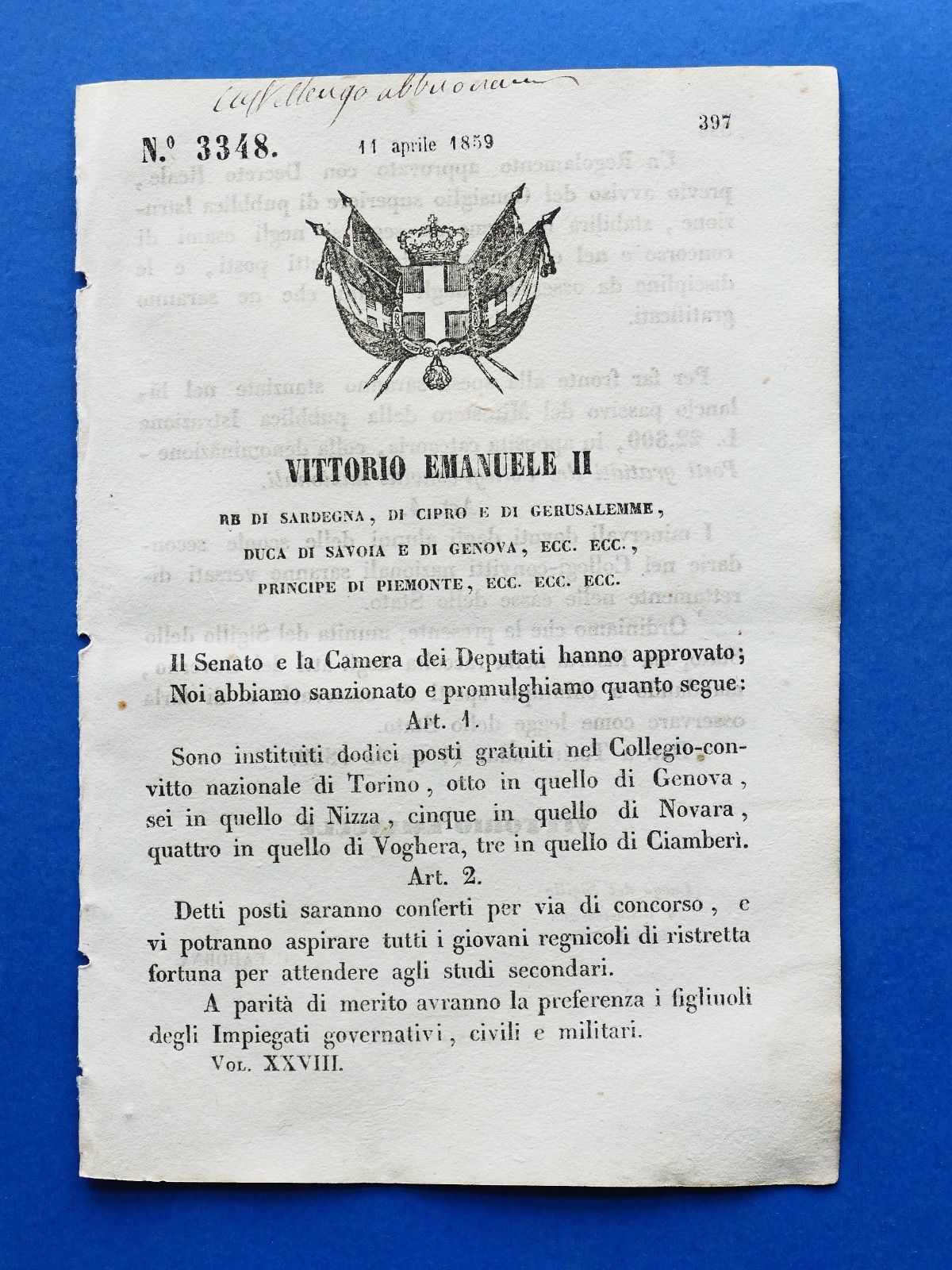 Regno di Sardegna Regio Decreto Istituzione posti gratuiti in vari …