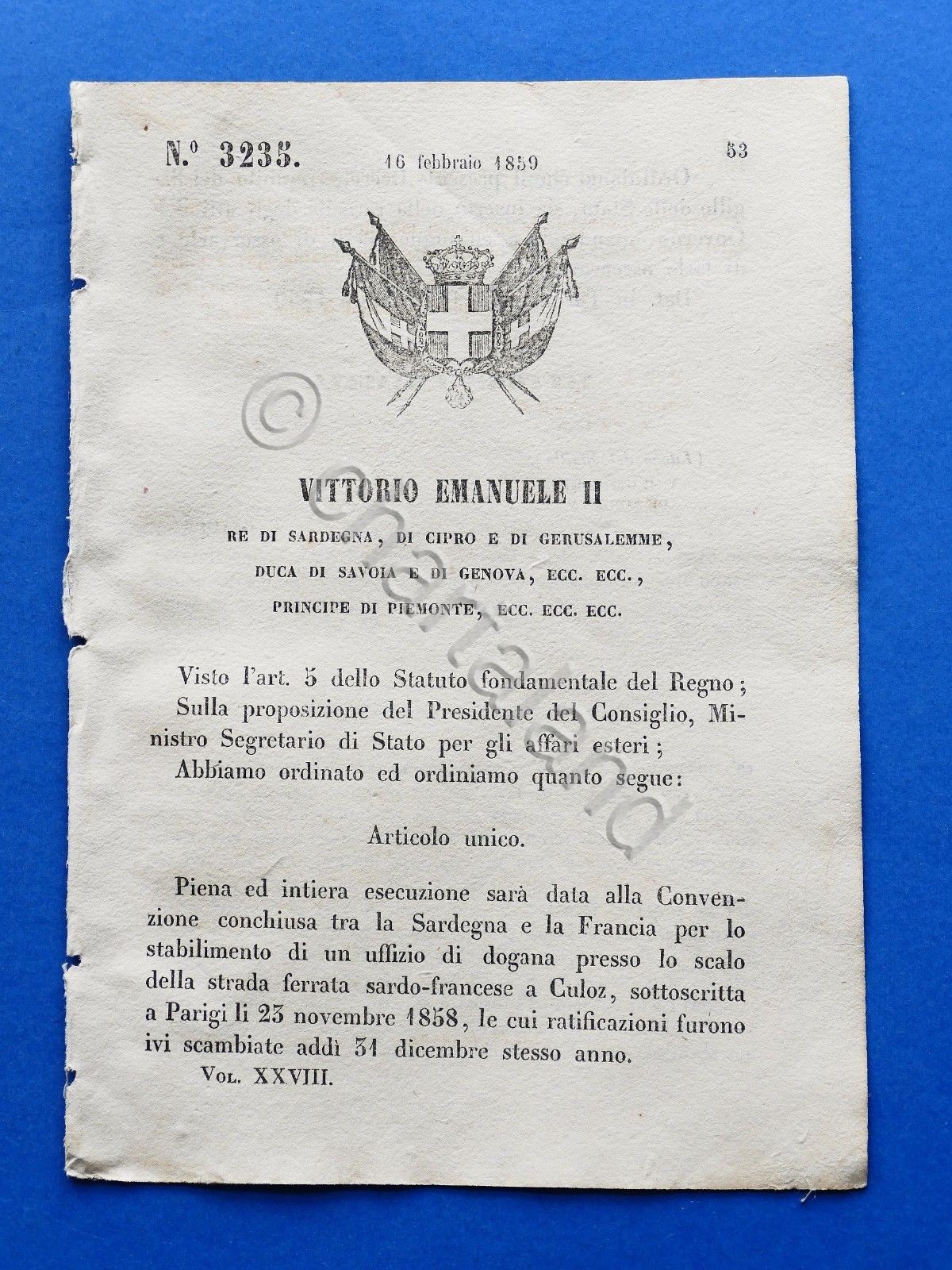 Regno di Sardegna Regio Decreto Regolamento Dogana Sardo-Francese di Culoz …