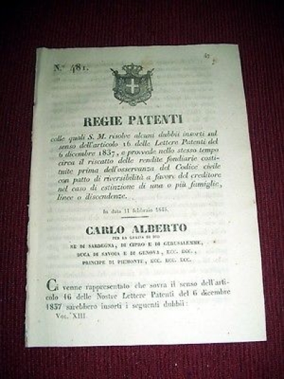 Regno di Sardegna Savoia Regie Patenti n 481 Riscatto Rendite …