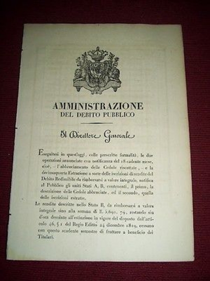 Regno di Sardegna Torino Decreto Debito Pubblico Abbruciamento Cedole 1929