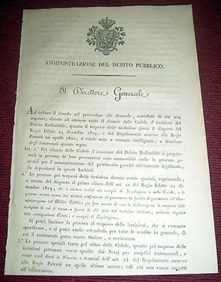 Regno di Sardegna Torino Decreto Trapasso Cesione Cedole Debito Redimibile1820