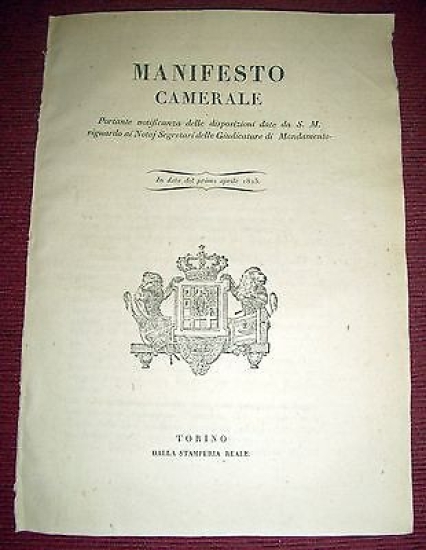 Regno di Sardegna Torino Manifesto Camerale Disposizioni per i Notai …