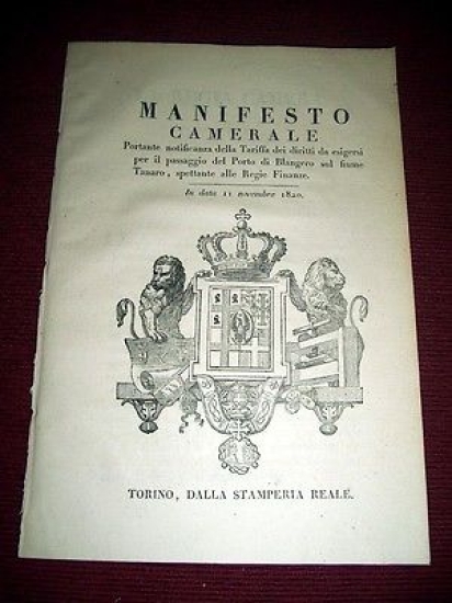 Regno di Sardegna Torino Manifesto Camerale Passaggio Porto Blangero Tanaro …