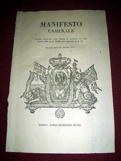 Regno di Sardegna Torino Manifesto Camerale Tabella Tariffe Dazi Dogana …