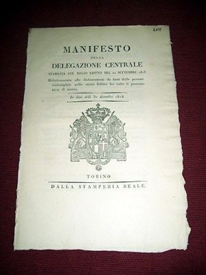 Regno di Sardegna Torino Manifesto Delegazione Centrale 1818