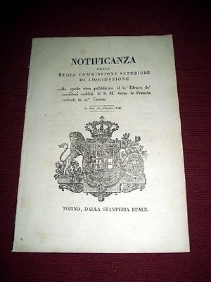 Regno di Sardegna Torino Notifica 6° Elenco Creditori Francia 1826