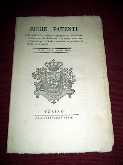 Regno di Sardegna Torino Regie Patenti Imprestito Società Annonaria 1816