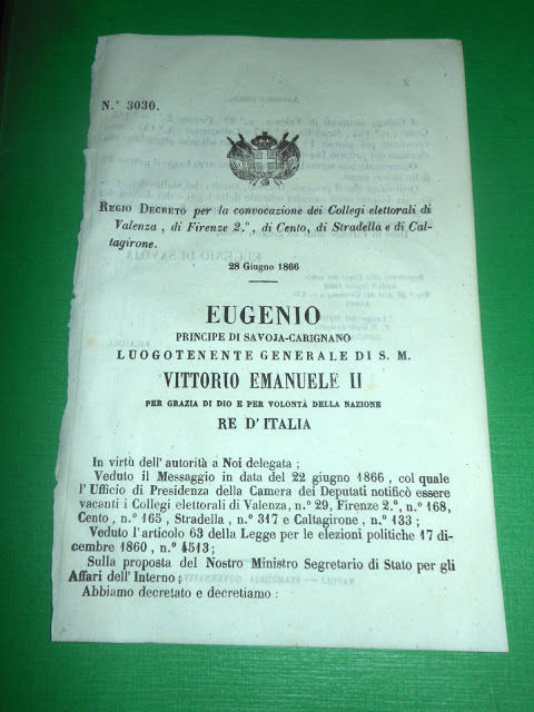 Regno Italia Regio Decreto Collegio Elettorale Cento Stradella Caltagirone 1866