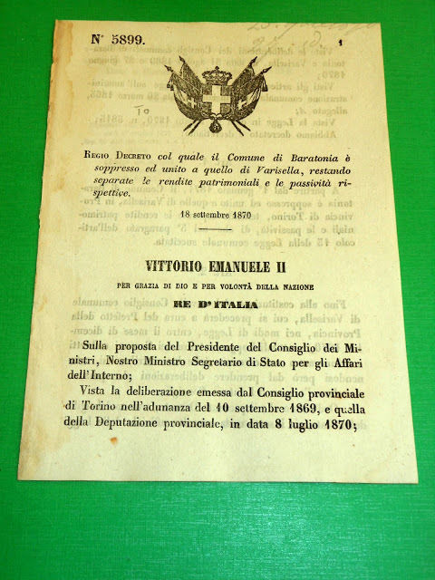 Regno Italia Regio Decreto Comune Baratonia soppresso aggregato a Varisella …