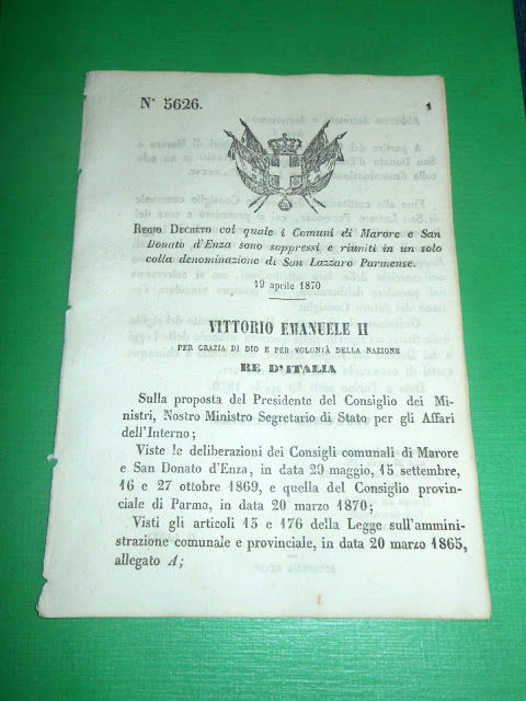 Regno Regio Decreto Comuni Marore e San Donato d' Enza …