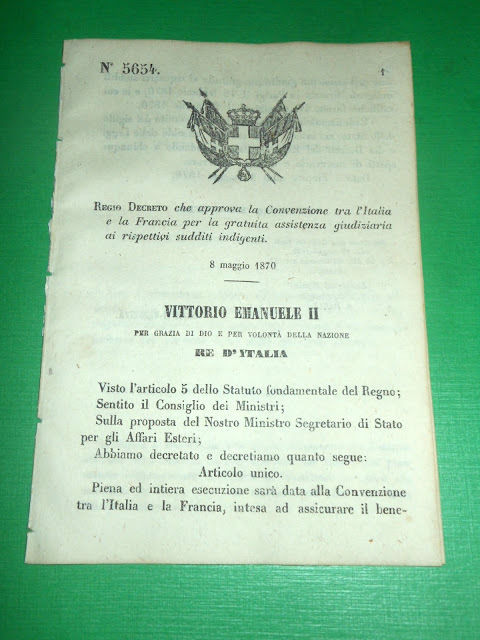 Regno Regio Decreto Convenzione Italia Francia Assistenza Giudiziaria 1870