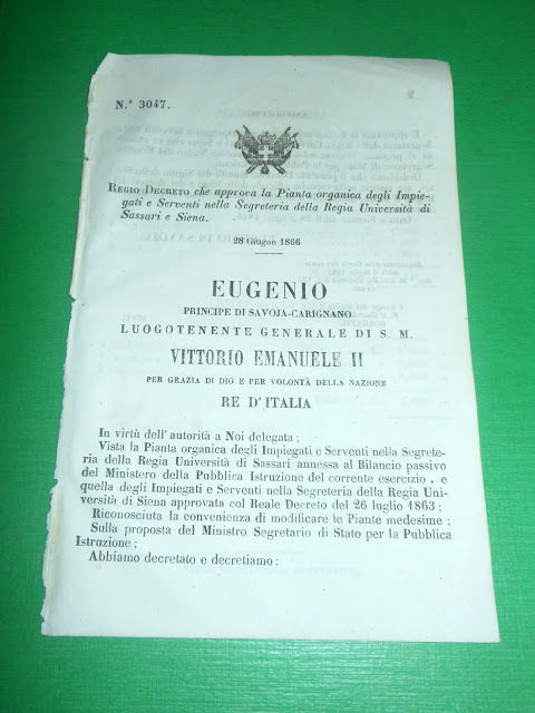 Regno Regio Decreto Pianta Organica Impiegati Università Sassari Siena 1866