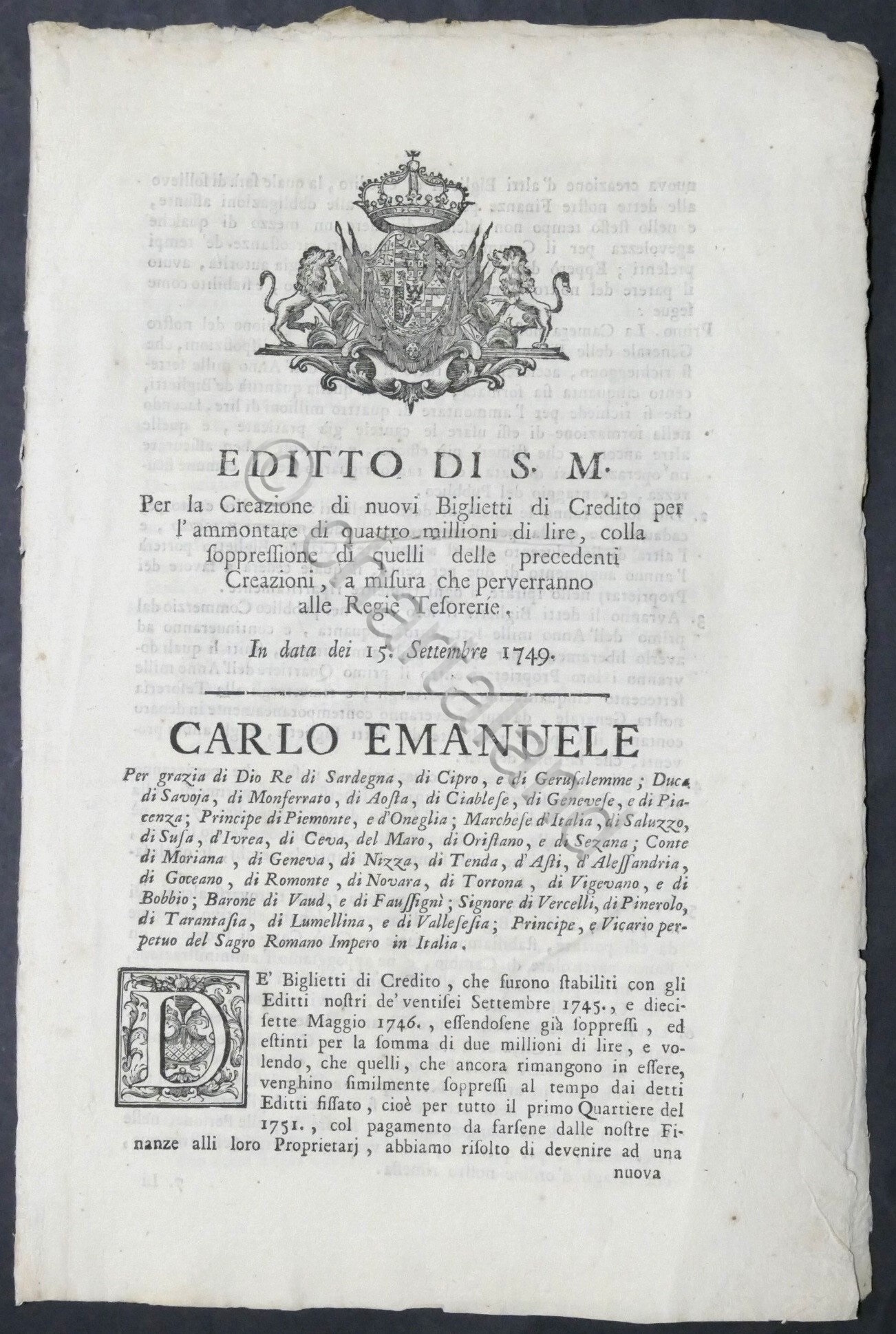 Regno Sardegna - Editto di Sua Maestà - Creazione Biglietti …