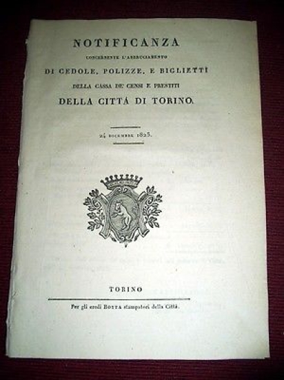 Regno Sardegna Cedole Polizze Biglietti Cassa de' Censi e Prestiti …