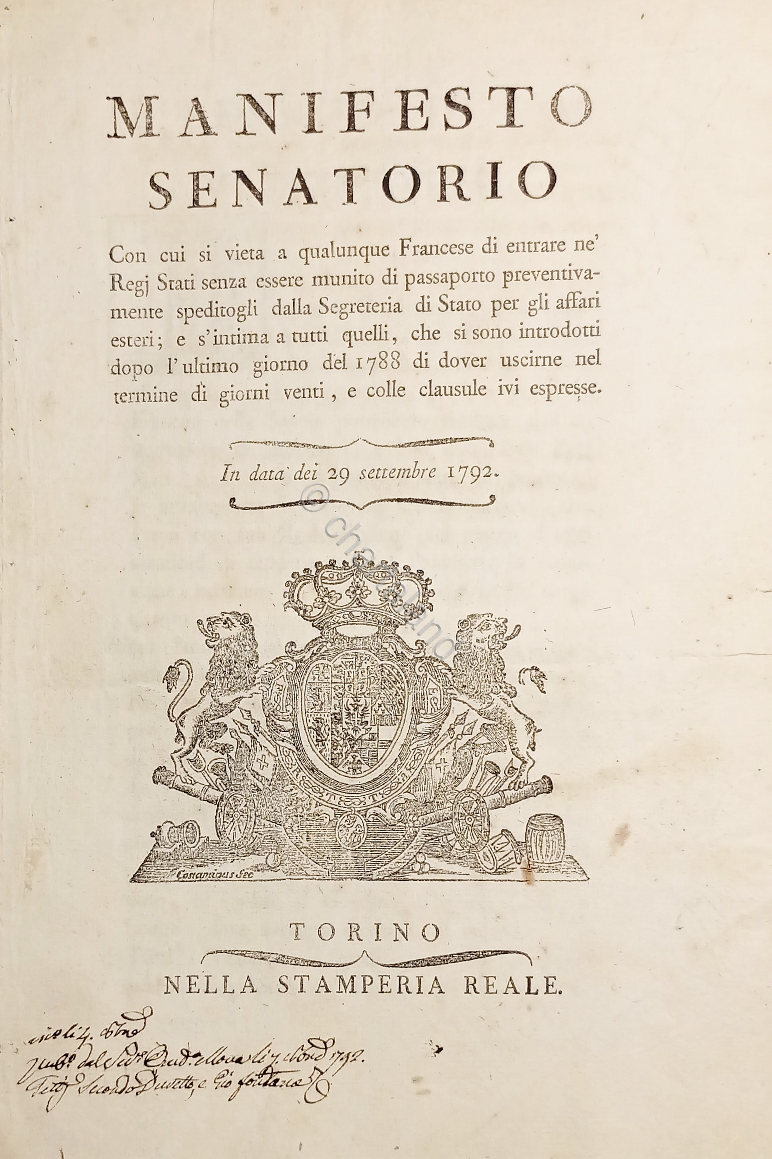 Regno Sardegna Manifesto Sanatorio divieto francesi entrare nei Regi Stati …