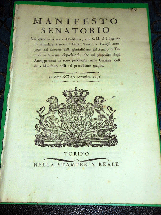 Regno Sardegna Manifesto Senatorio Disposizioni sugli Attruppamenti Torino 1791