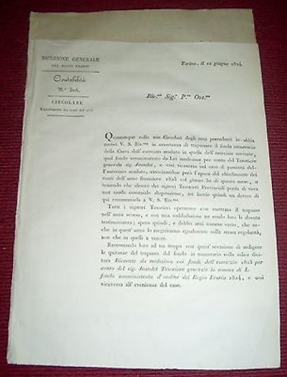 Regno Sardegna Savoia Torino - Circolare Chiusura Conti del 1823 …