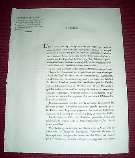 Regno Sardegna Savoia Torino Circolare Assessori e Giudici di Mandamento …