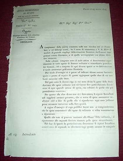 Regno Sardegna Savoia Torino Circolare Situazione Finanziera dei Comuni 1824