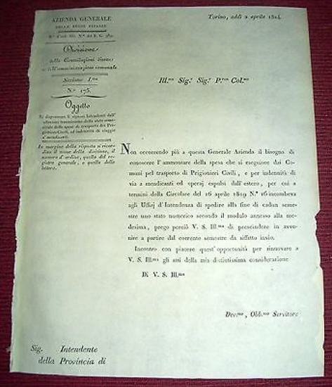 Regno Sardegna Savoia Torino Circolare Spese Trasporto Prigionieri Civili 1824