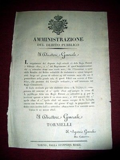 Regno Sardegna Savoia Torino Estrazione a Sorte delle Rendite Redimibili …