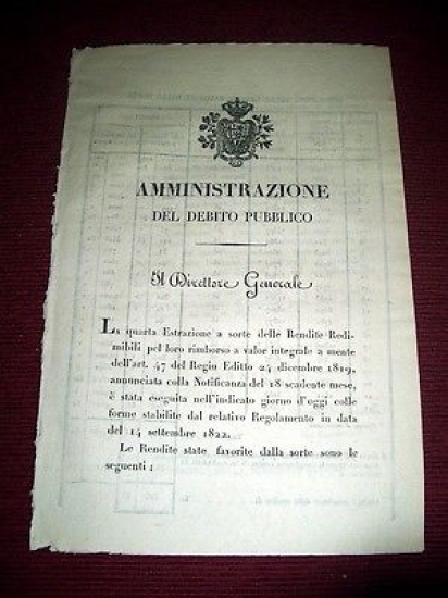 Regno Sardegna Savoia Torino Estrazione a Sorte delle Rendite Redimibili …