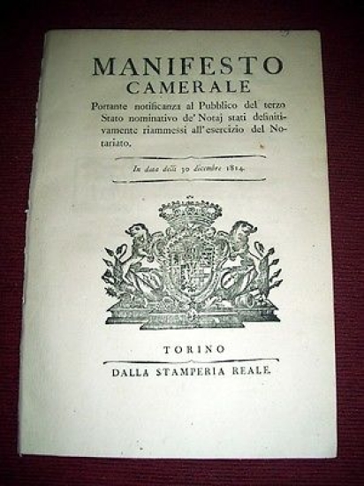Regno Sardegna Savoia Torino Manifesto Camerale 3° Stato Nominativo Notai …