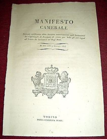 Regno Sardegna Savoia Torino Manifesto Camerale Bollo Atti Rogati Estero …