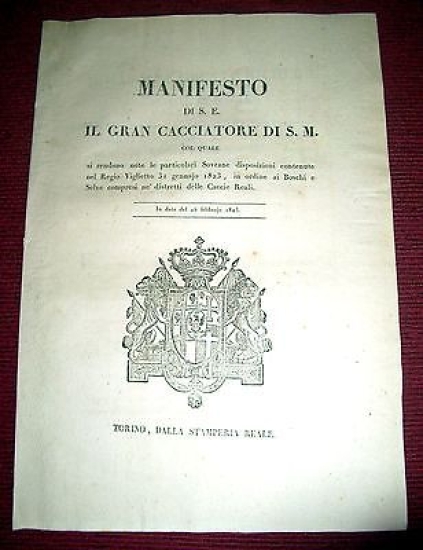 Regno Sardegna Savoia Torino Manifesto Distretto della Caccia Reale 1823
