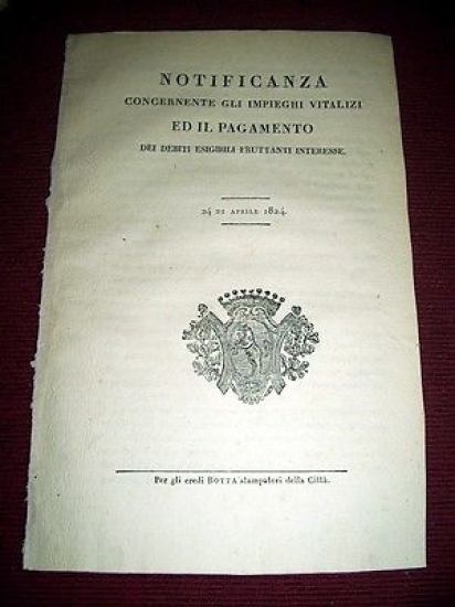 Regno Sardegna Savoia Torino Notifica Impieghi Vitalizi Pagamento Debiti 1824