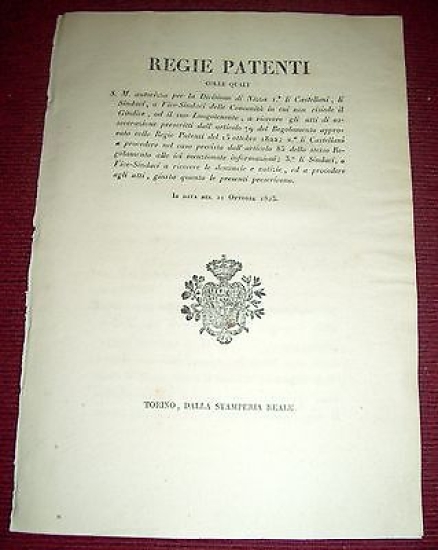 Regno Sardegna Savoia Torino Regie Patenti Castellani Sindaci Nizza 1823