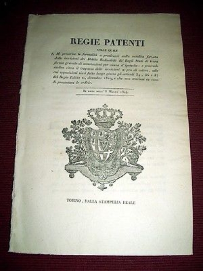 Regno Sardegna Savoia Torino Regie Patenti Vendita Iscrizioni Debito 1824