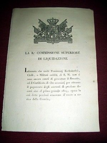 Regno Sardegna Torino Brevetto Arretrati Pensioni Ecclesiastici Militari 1823