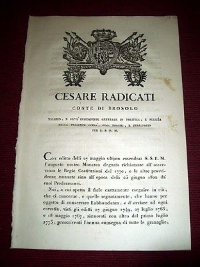 Regno Sardegna Torino Brosolo Decreto Consegna di Granaglie allo Stato …
