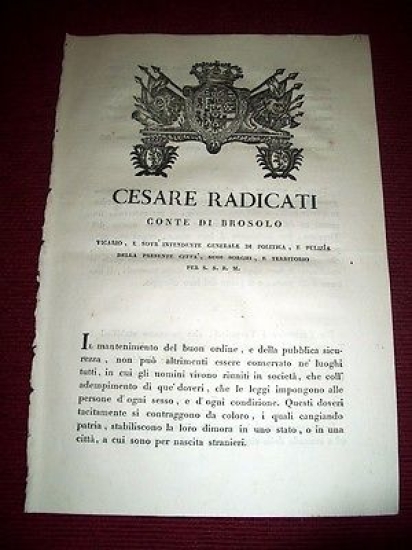 Regno Sardegna Torino Brosolo Decreto per la Dimora dei Forestieri …