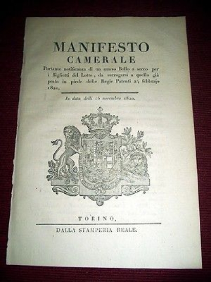 Regno Sardegna Torino Manifesto Camerale Bollo a secco per Biglietti …