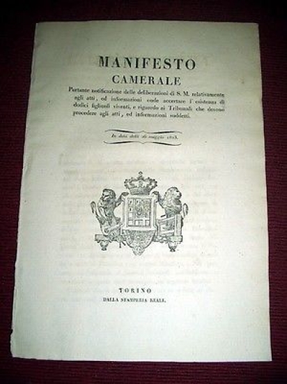 Regno Sardegna Torino Manifesto Camerale Patente d'immunità 1823
