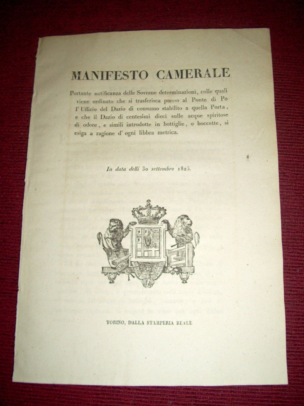 Regno Sardegna Torino Manifesto Camerale Ufficio Dazio Acque Ponte del …