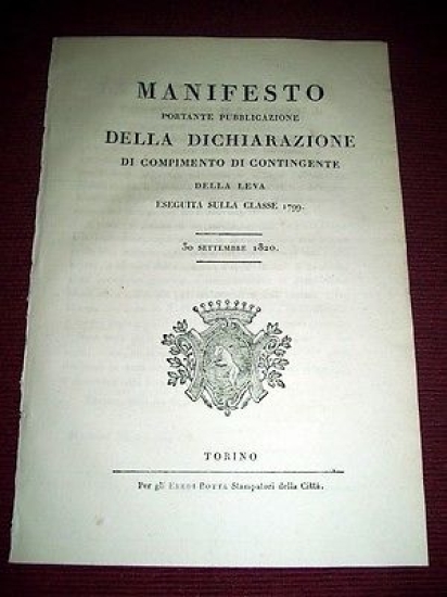 Regno Sardegna Torino Manifesto Compimento Contingente Leva Classe 1799 / …
