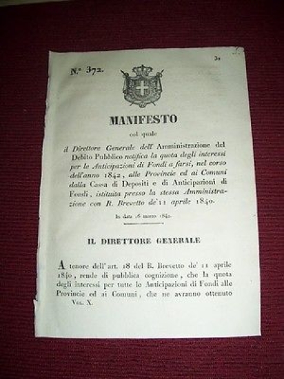 Regno Sardegna Torino Manifesto Interessi Anticipazioni di Fondi a farsi …