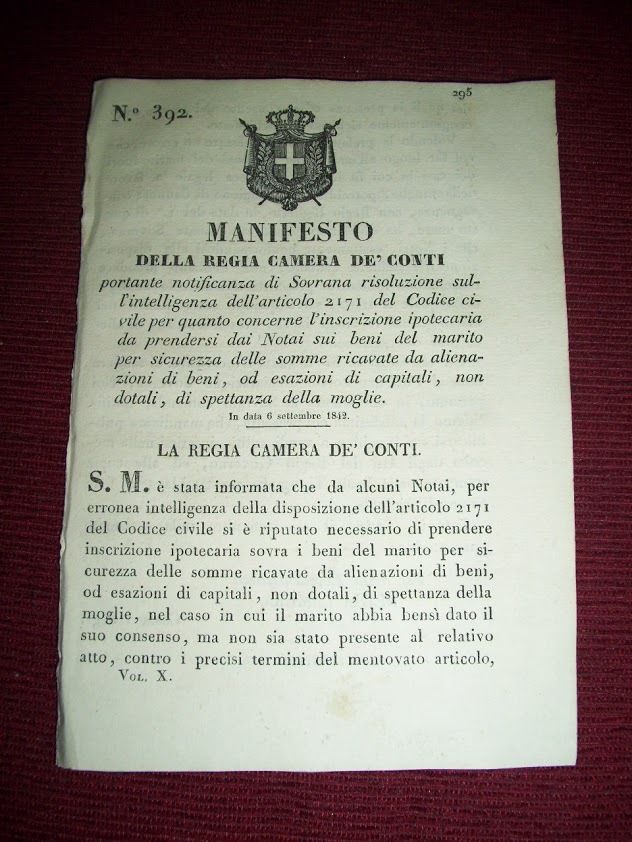 Regno Sardegna Torino Manifesto Iscrizioni Ipotecarie dei Mariti 1842